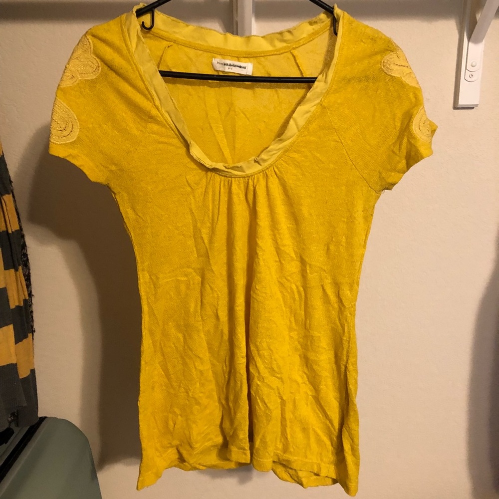 Anthro Pilcro Mustard Tee with Embellished Sleeves